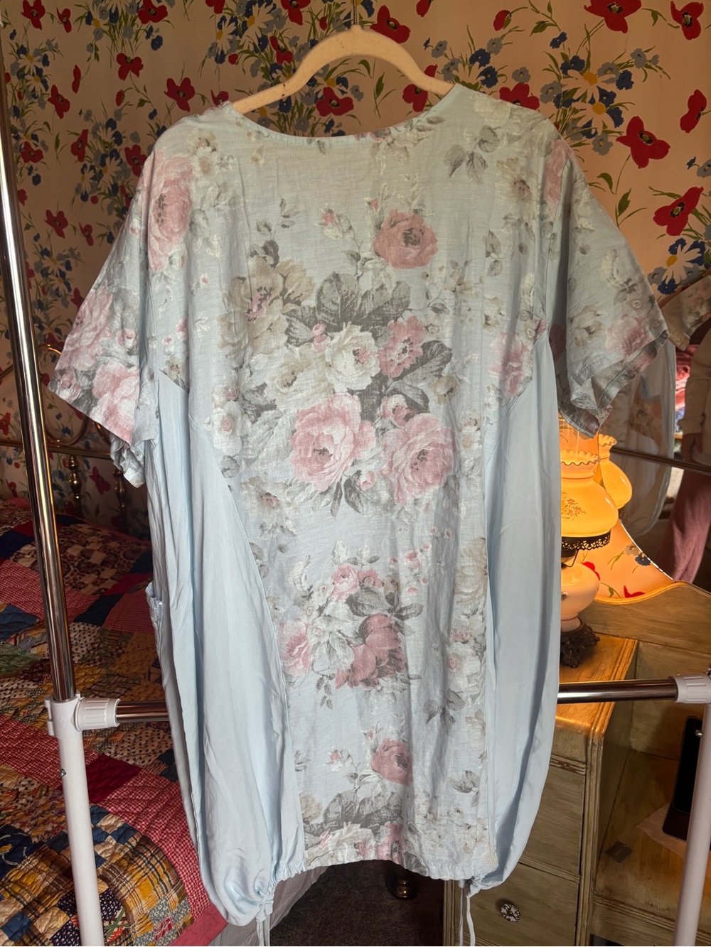 fairycore blue floral linen blend tunic dress lagenlook cottagecore artsy boho L - Picture 5 of 6